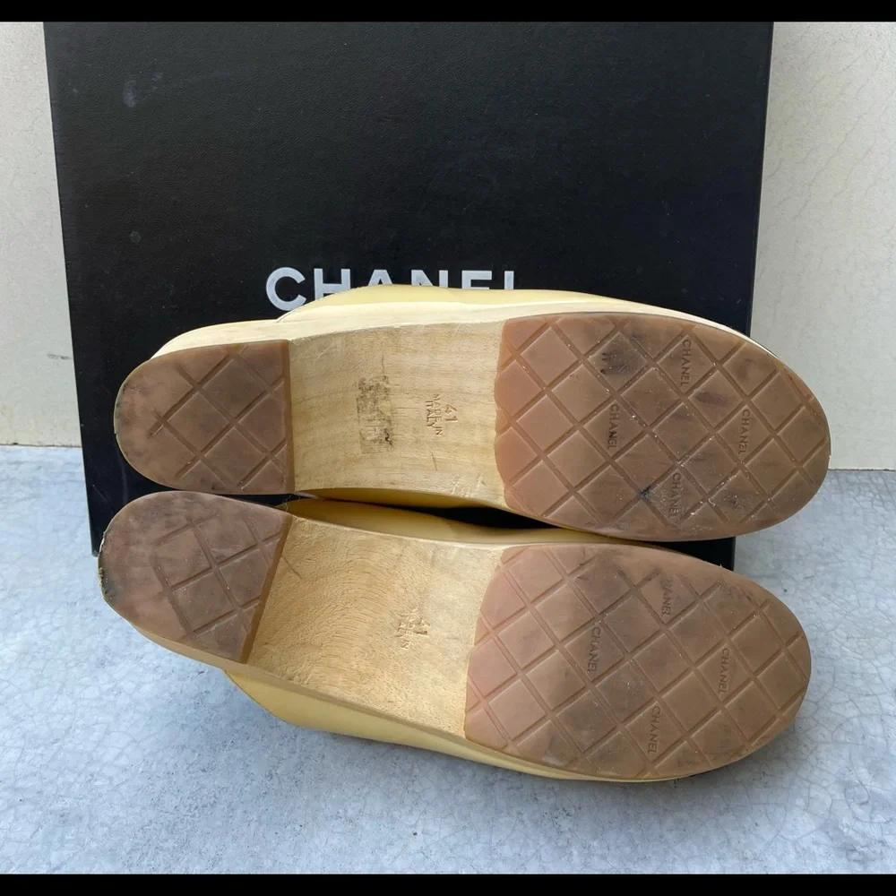 CHANEL Yellow Patent Leather Mules with Black Cap Toe